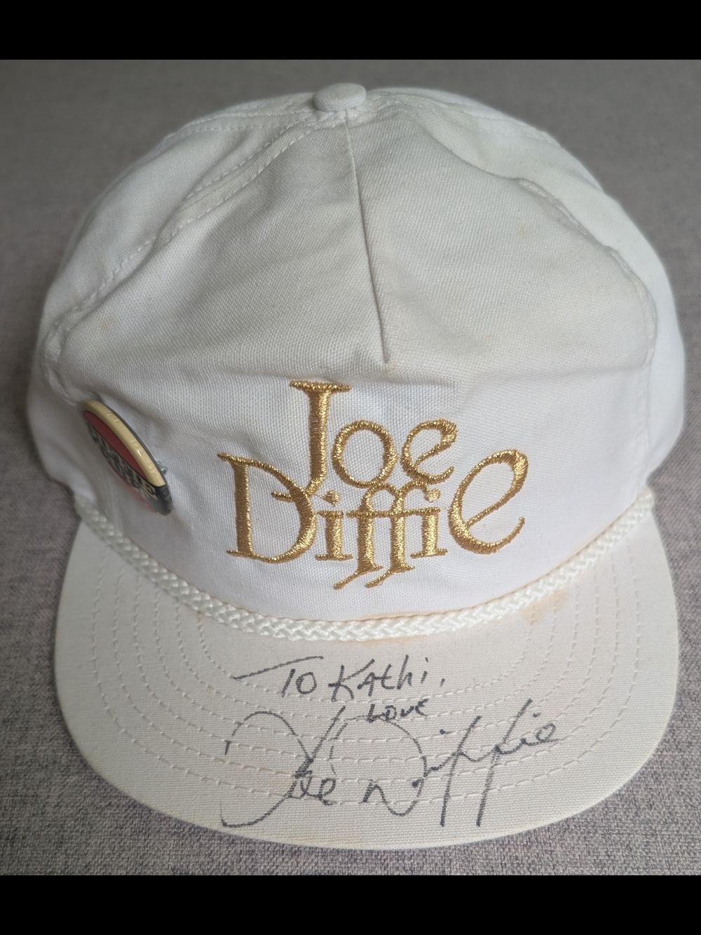Vintage 90s Joe Diffie Autographed Snapback Hat Cap White Gold w/ Pin Flat Brim